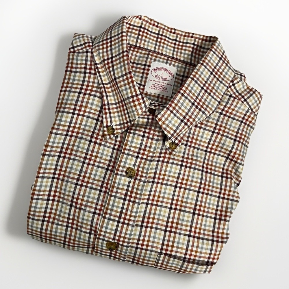 Brooks Brother Shirt Men Large Orange Brown Plaid Cotton Long Sleeve Button Down
